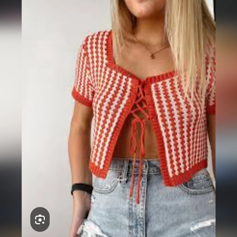 Sage The Label Orange & White Amore Lace-Up Cropped Sweater Top